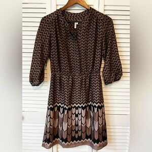 Max and Cleo knee length dress black brown sheer w/ slip elastic waist size xs